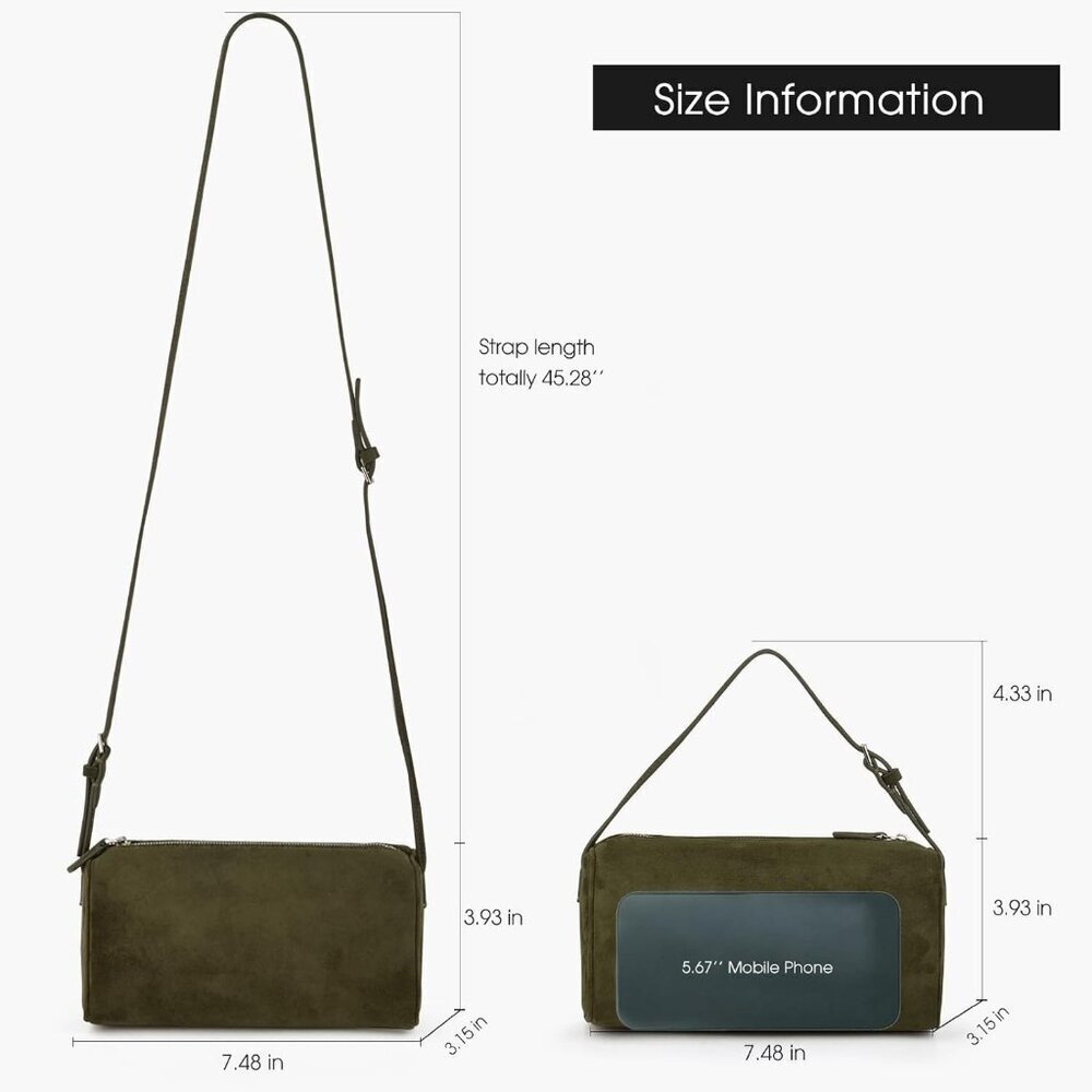 women Olive Suede Leather Smal Crossbody Hobo Shoulder Bag with Adjustable strap - Picture 2 of 7